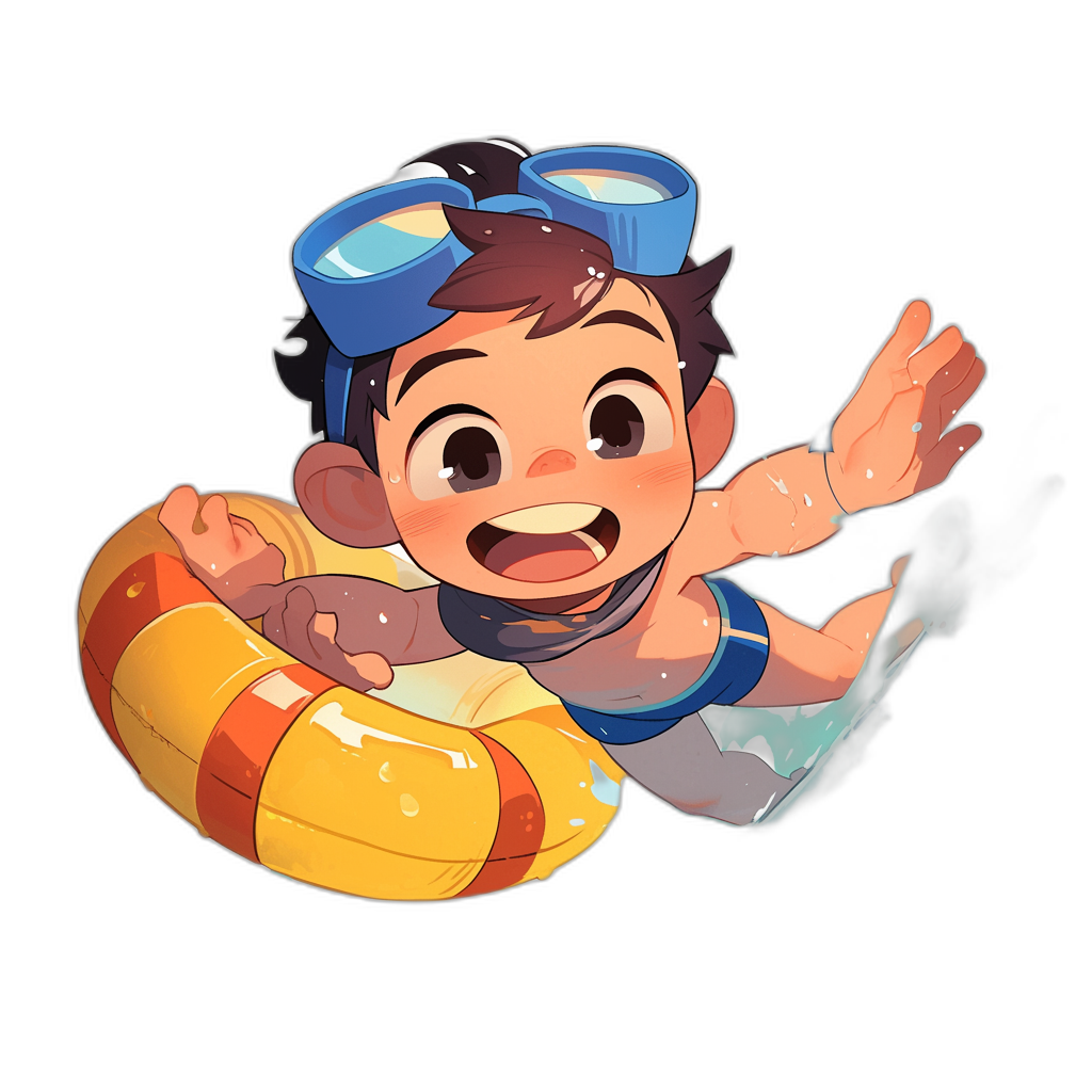 tshirt design, cute chibi style boy floating on an inflatable tube in the water with goggles and smiling against a black background