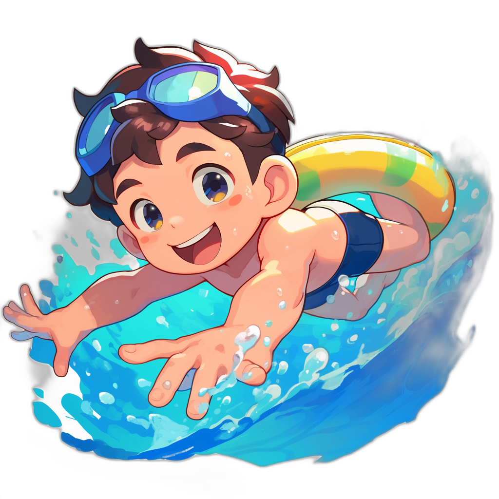 A cute cartoon of a boy with short brown hair and blue eyes, wearing swim goggles on top of his head and a swimming suit, is happily diving into the water from an inflatable tube in the style of [Studio Ghibli](https://goo.gl/search?artist%20Studio%20Ghibli) anime. Black background. Colorful, vibrant colors.