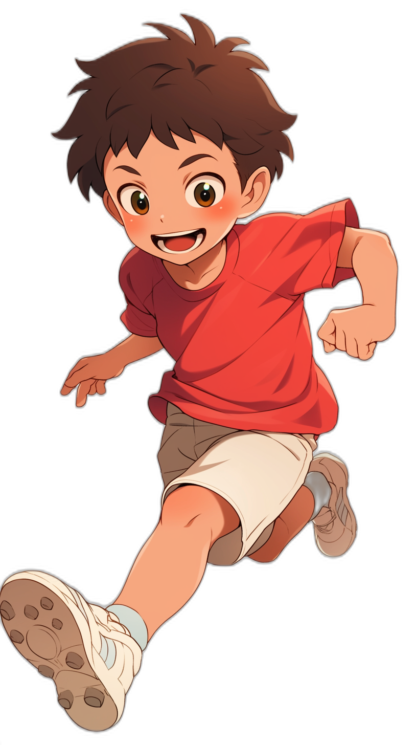 A cute boy in a running pose with a smile face, brown hair and short cut with bangs, wearing a red t-shirt, white shorts and black shoes against a black background in an anime style in the style of [Studio Ghibli](https://goo.gl/search?artist%20Studio%20Ghibli), [Atey Ghailan](https://goo.gl/search?artist%20Atey%20Ghailan), J Scott Campbell, [Katsuhiro Otomo](https://goo.gl/search?artist%20Katsuhiro%20Otomo), [Hayao Miyazaki](https://goo.gl/search?artist%20Hayao%20Miyazaki), [Jean Giraud](https://goo.gl/search?artist%20Jean%20Giraud) [Moebius](https://goo.gl/search?artist%20Moebius), [Roger Dean](https://goo.gl/search?artist%20Roger%20Dean), [Craig Mullins](https://goo.gl/search?artist%20Craig%20Mullins), [Don Bluth](https://goo.gl/search?artist%20Don%20Bluth), [Syd Mead](https://goo.gl/search?artist%20Syd%20Mead), and Jeanjacques angular.