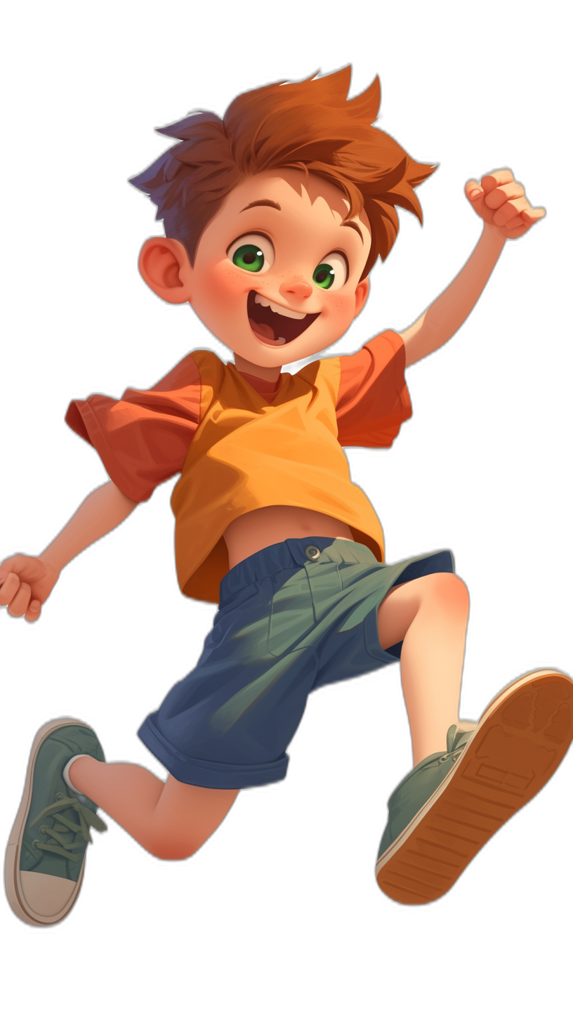 A cute boy with brown hair and green eyes is jumping in the air, wearing an orange t-shirt and blue shorts, in the style of Pixar, as a Disney cartoon character, in the style of Disney renderings, in the style of Pixar, in the style of Disney animation, as a Disney 3D rendering, against a black background, as a full body portrait, in the style of Disney renderings, in the style of Disney animation, in the style of Disney 2D style.