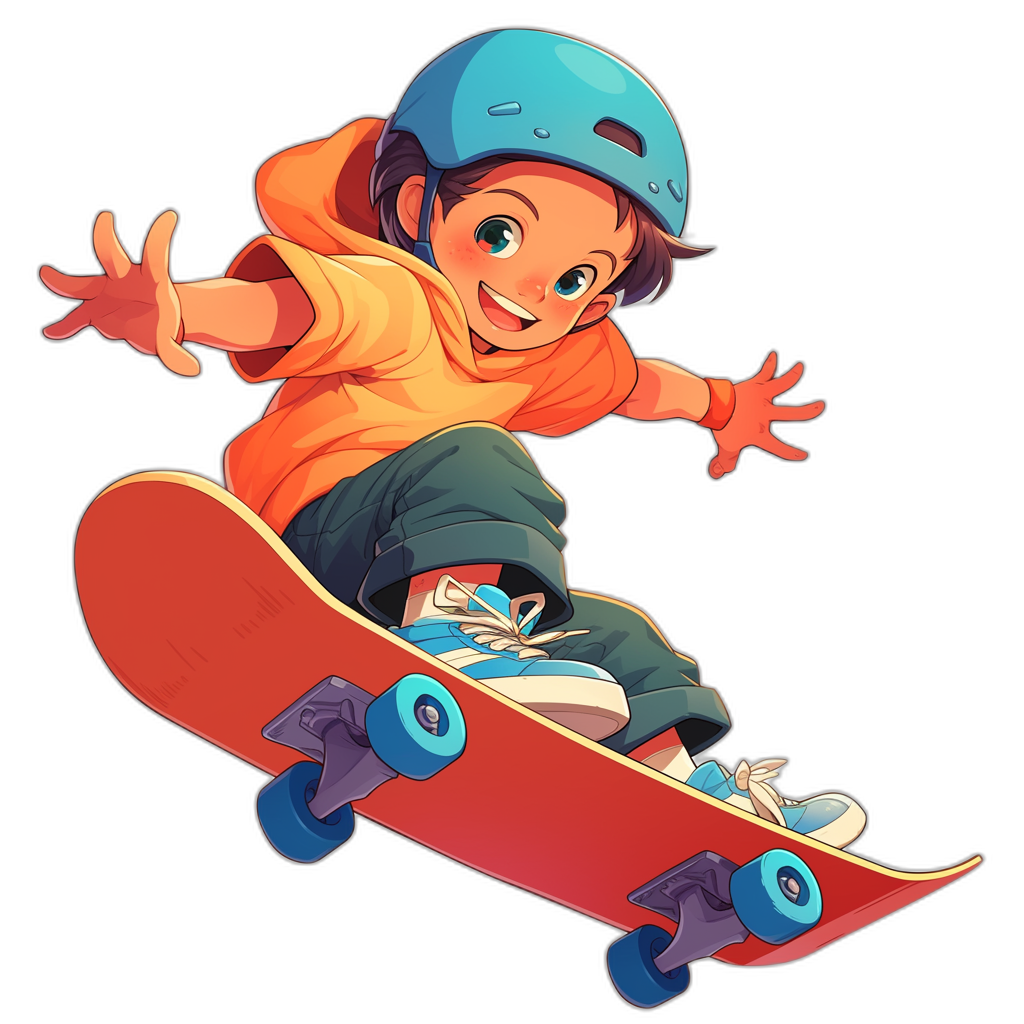 A cartoon boy wearing blue helmet and orange shirt is riding on his red skateboard, with white shoes in the style of anime art, colorful animation stills, flat illustrations, black background, full body portrait, symmetrical composition, cute character design, cartoon illustration. The overall color scheme should be bright and vibrant.