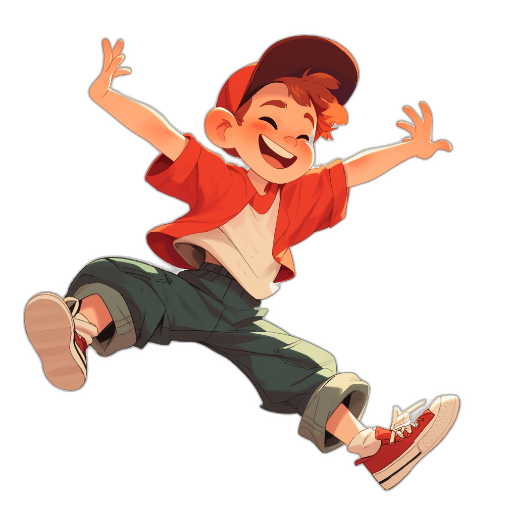 A young boy in a red cap and t-shirt with a white collar, dark green pants, jumping in the air and smiling, character design in the style of Pixar, cartoon illustration against a black background with flat colors.