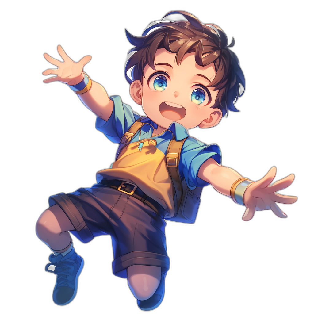 A cute boy with blue eyes, dressed in a school uniform and smiling while jumping, is depicted in the style of an anime character against a black background. He has short brown hair, wearing navy shorts, a yellow shirt, with suspenders on his back, and is flying up to the right side of the frame. The illustration style should have vibrant colors and detailed facial expressions. It’s set during midday with soft lighting that highlights his features. This artwork conveys happiness and movement.