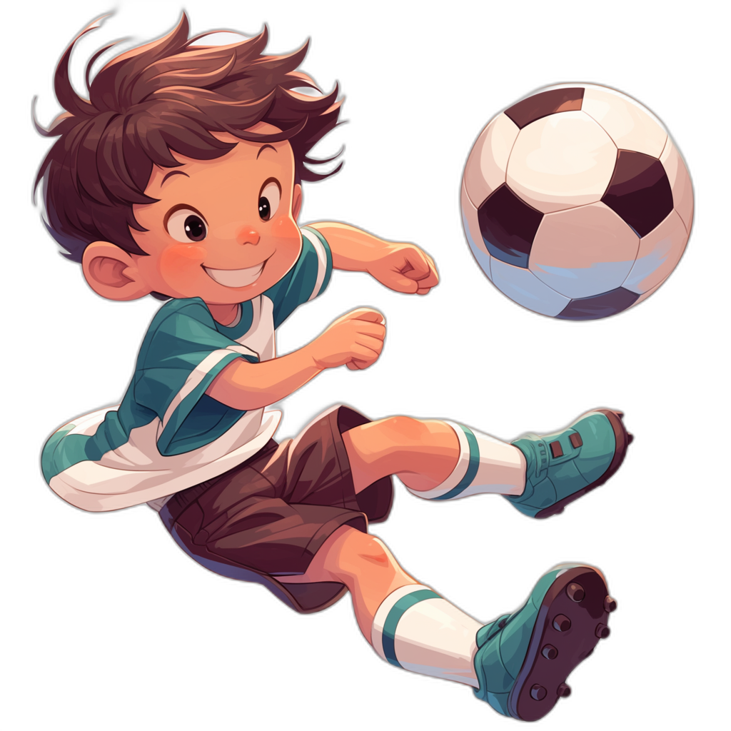 Cute cartoon boy playing soccer on a black background in the style of a game art style. The cartoon character illustration features a character in the center of the picture with a simple and colorful illustration using simple lines and flat color blocks. He has white shoes, brown hair, short sleeves, and is wearing a green jersey with blue stripes on the shoulders and grey shorts with dark gray socks. A flying ball is next to him as he smiles. The image is presented at a high resolution.