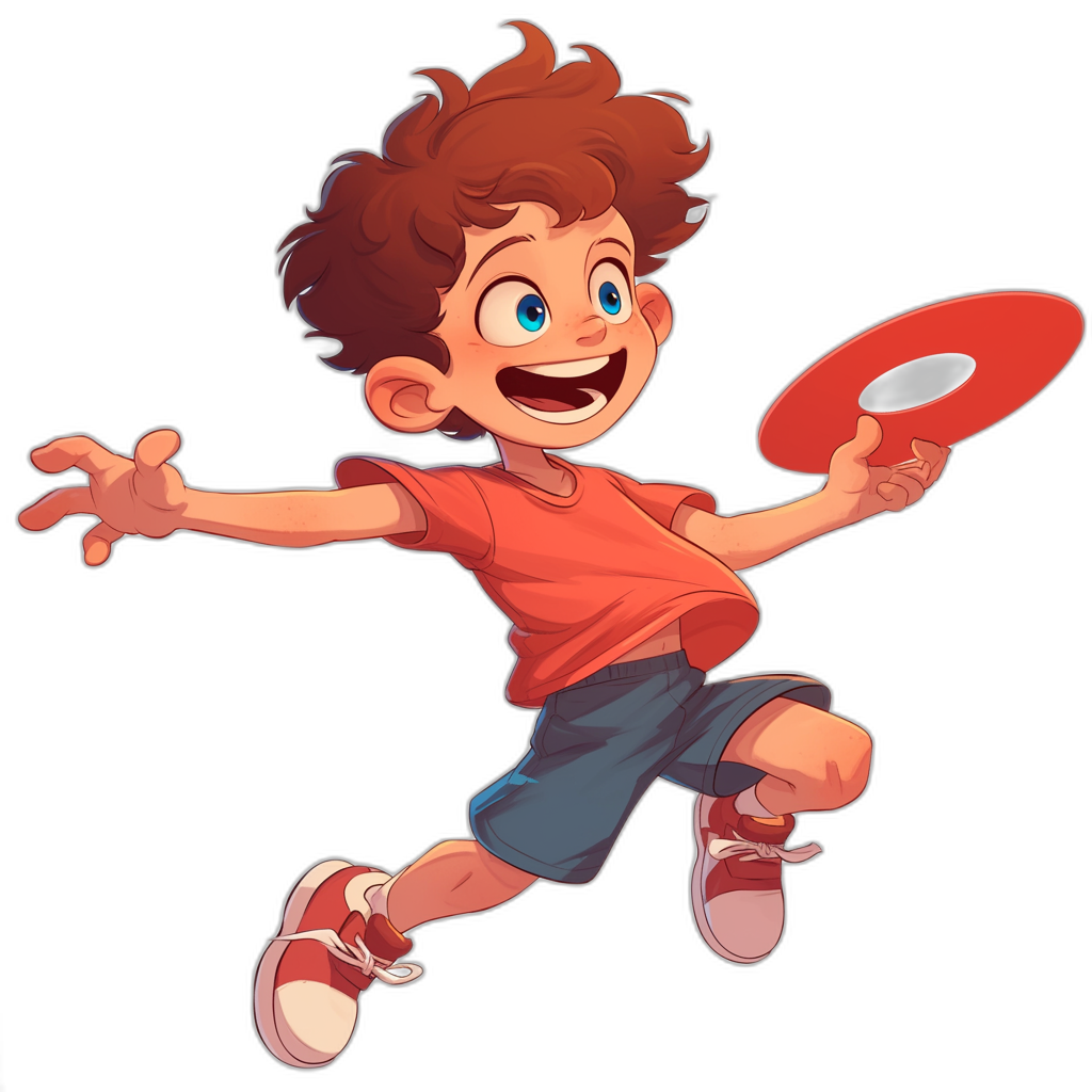 A boy with brown hair and blue eyes is playing frisbee in the style of a cartoon, vector illustration, full body shot, black background, wearing a red tshirt, grey shorts and white sneakers, happy face expression, colorful design. He has short curly dark chestnut colored hair, smiling brightly as he flies across the air holding his frisbee in hand. Red plate on head.