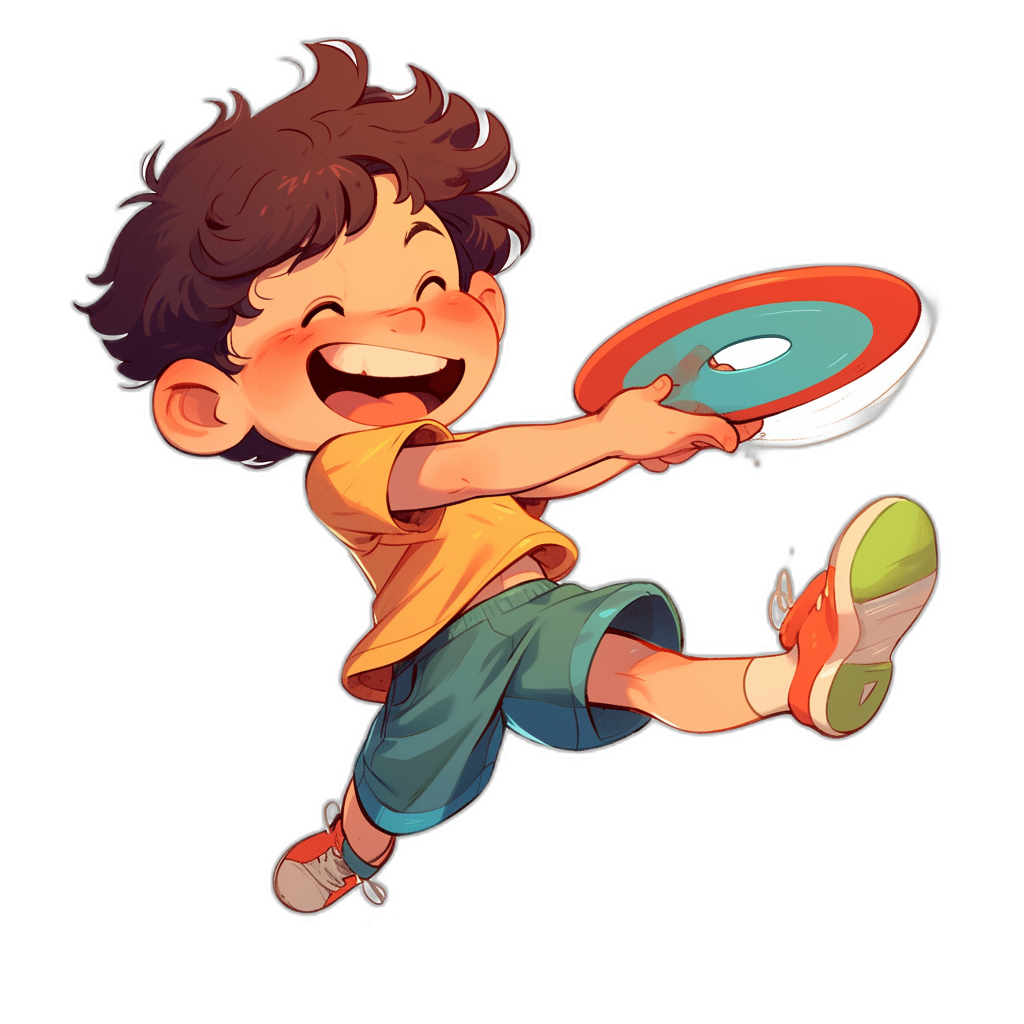 A cute little boy is playing frisbee, laughing happily, wearing short sleeves and shorts, in the style of a cartoon with a simple black background, simple lines, and colorful colors. The boy has a fullbody perspective with high-definition details in a cartoon character design style with Asian-inspired . The scene depicts playful, caricature-like illustrations.