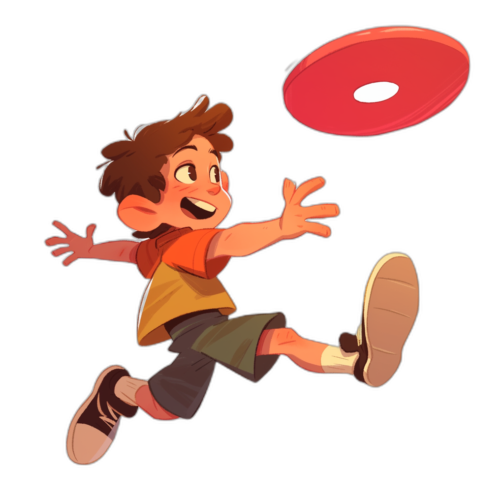 A boy is playing frisbee, cartoon style, simple black background, vector illustration, Disney Pixar style, bright colors, full body shot, high resolution, 2D art. The character has brown hair and wearing shorts with white socks on his feet. He’s smiling while jumping to catch the red Fr الح Cássica . In one hand he holds it ready for action. A small yellow Tshirt appears at chest level, which adds color and energy to the scene. On both sides of him there is darkness, but behind her everything lights up in vibrant tones. It looks like she jumps into an exciting world full of light and