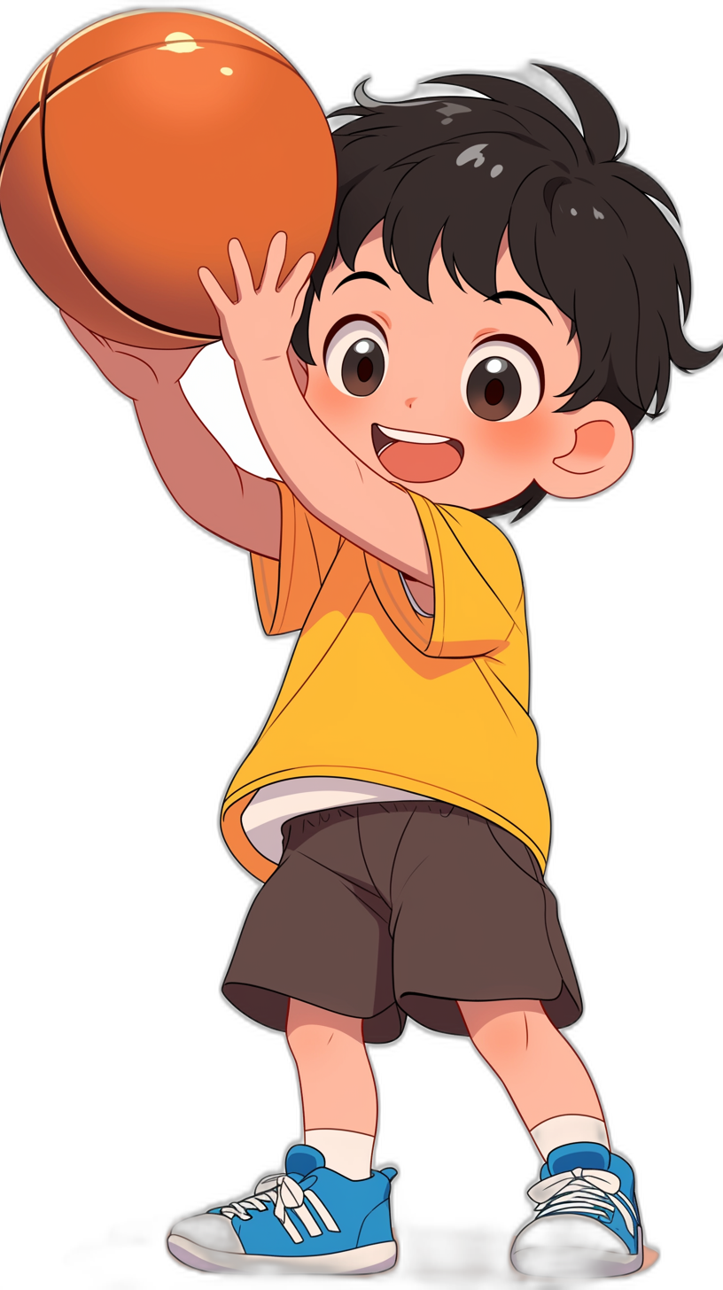 A cute little Asian boy is playing basketball, wearing a yellow T-shirt and black shorts with blue shoes on his feet. He has short hair and big eyes that sparkle light brown. The background color of the illustration should be pure black to highlight him holding an orange ball while smiling at you. His expression radiates joy as he soars towards the basket for another point. Anime style, chibi character design, full body shot, high resolution, in the style of anime.