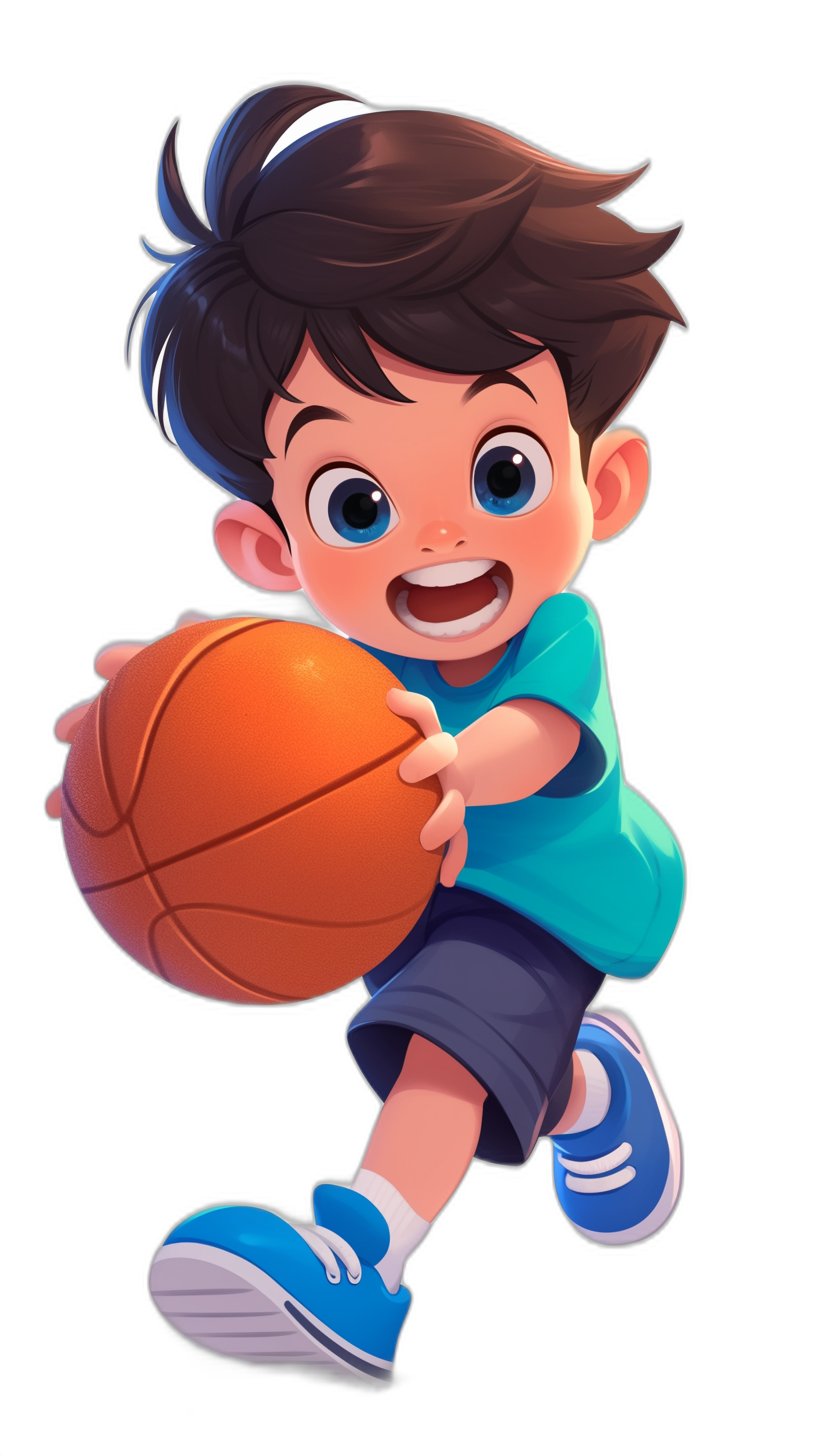 A cute little boy is playing basketball, wearing blue shoes and holding the ball in his hand. He has short black hair with bangs on top, big eyes, a smiling face expression, in the style of cartoon, simple background, full body portrait, high definition, high resolution, black background, in the style of 2D game art, in the style of Disney Pixar animation, bright colors, high detail.