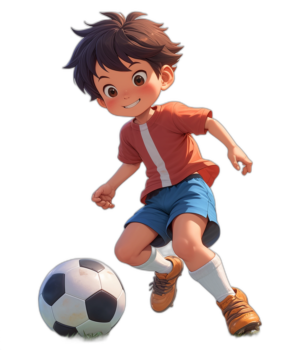 An illustration of the anime character Tsubasa playing football in the style of [Studio Ghibli](https://goo.gl/search?artist%20Studio%20Ghibli). He is playing football with his right leg and foot on top of the ball, wearing a red t-shirt, blue shorts, white socks and orange shoes against a black background in a full body shot.