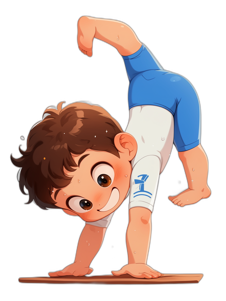 A cute cartoon of an Asian boy doing gymnastics, with brown hair and blue white on his body, in a handstand pose, with simple facial expressions, against a black background, in the style of Disney, with Pixar-style animation, character design, as a full-length portrait.