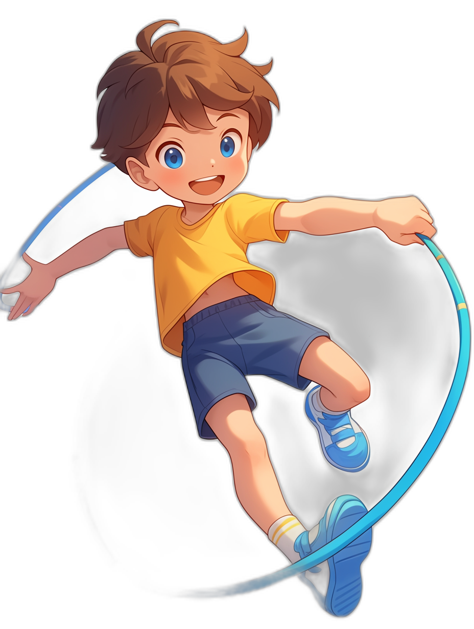 A young boy with brown hair and blue eyes, wearing shorts and sneakers, spinning on the hoola hoop in his hand, smiling at you. In the style of a cartoon. Full body shot. Black background. He is flying through space with an ice ring around him. The character has no shadow effect behind it. It’s a cartoon character in full color.