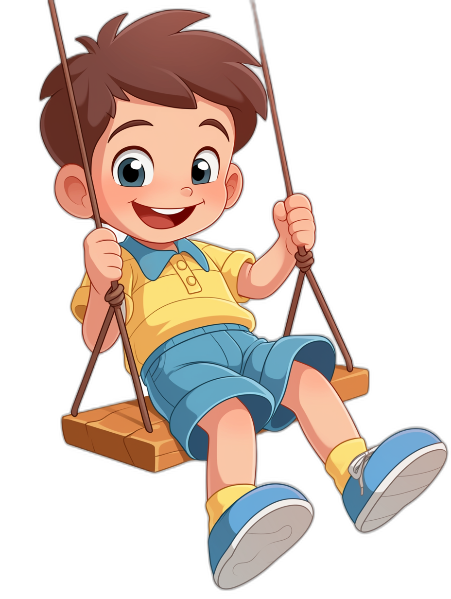 A cute cartoon illustration of happy boy in yellow shirt and blue shorts sitting on wooden swing, black background, Pixar style clipart