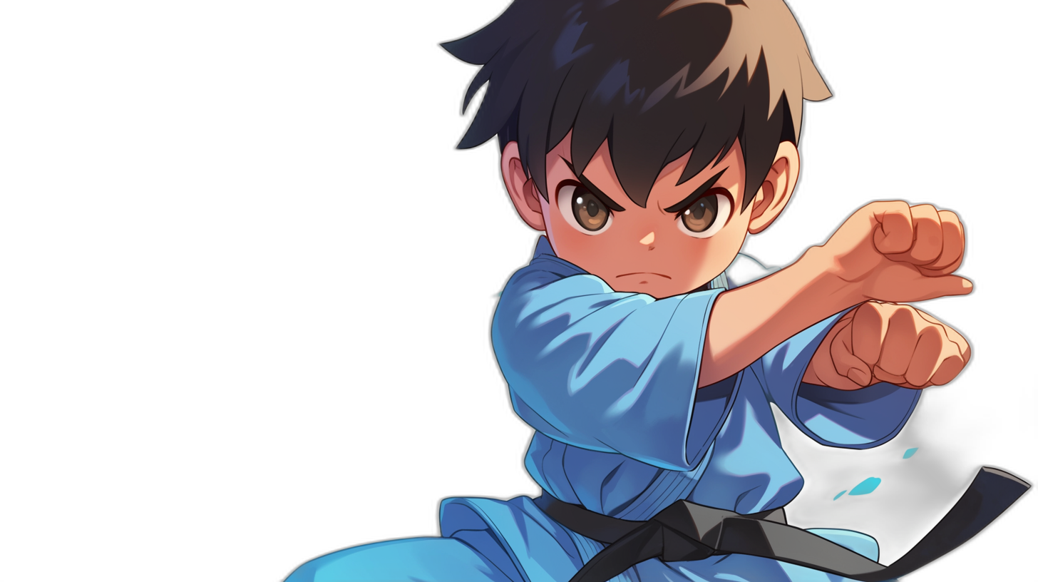 A young boy in blue martial arts attire, with short black hair and brown eyes, is practicing karate against an all-black background. He is striking the air with his hand as if ready to fight. The character has no text or graphic elements on their , focusing solely on their facial expression of determination and focus during training. The artwork is in the style of anime.