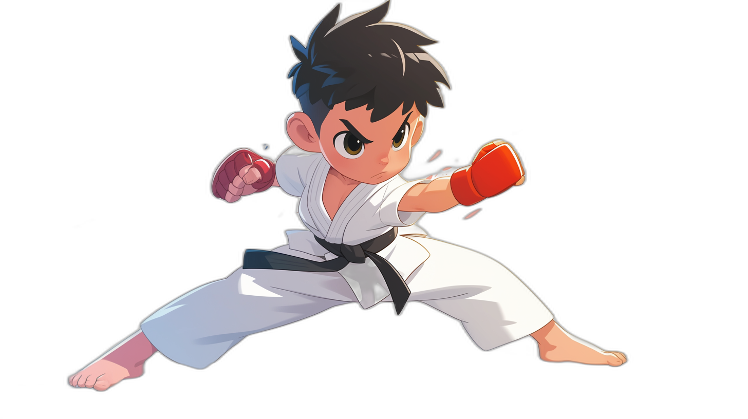 A cute little boy in a karate outfit doing a kick from the side view, with simple facial expressions and body language. He has black hair with a white karate uniform against a black background, in the style of a cartoon with a simple design and details. It is a 2D full length shot of the boy with high resolution, in the style of anime with a chibi character design at 8k resolution.