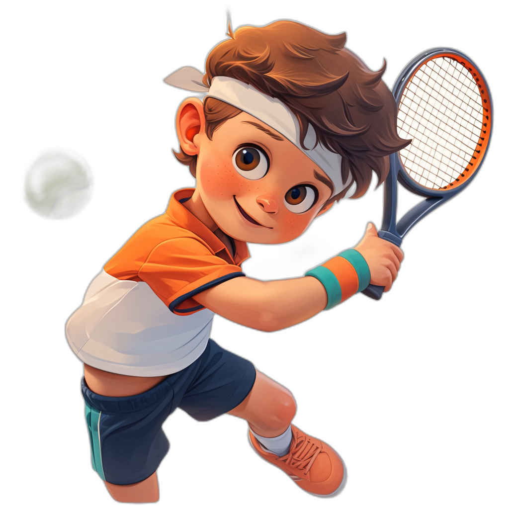 A cute boy playing tennis in the style of Pixar Disney. The cartoon style character design features a black background with the boy wearing a white headband, orange t-shirt, blue shorts and sneakers. He is holding a racket in his right hand and hitting a ball with lively movements. Bright colors are used in the full body portrait, which has warm lighting and a focus on his facial expressions.