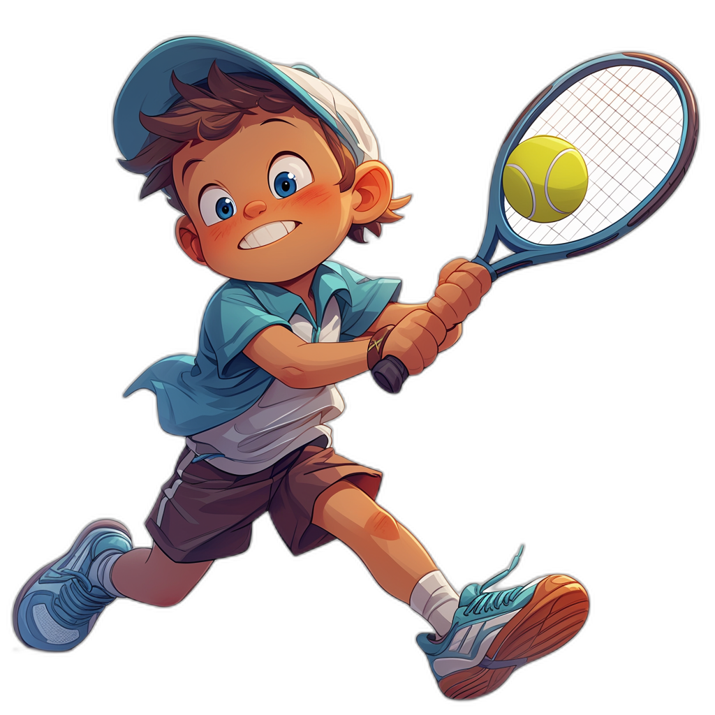 cartoon boy playing tennis, vector art illustration, wearing a blue and white cap with brown shorts, holding a racket in his right hand hitting the ball on a black background, full body shot, wide angle view, wide camera lens, in the style of a [Studio Ghibli](https://goo.gl/search?artist%20Studio%20Ghibli) film, 2D game design character concept, high resolution, high contrast, bright colors, a cute and funny expression, white shoes, blue shirt