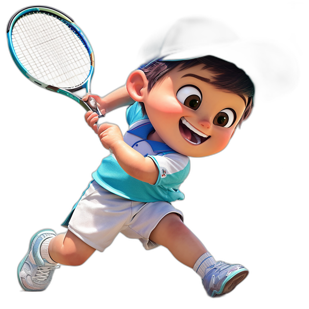 A happy young boy playing tennis, wearing white shorts and a blue t-shirt with a black cap on his head, holding a racket in his right hand, cartoon character in the style of Pixar, Disney render style, cute adorable face, 3D model, simple background, pure black color background, black hair.