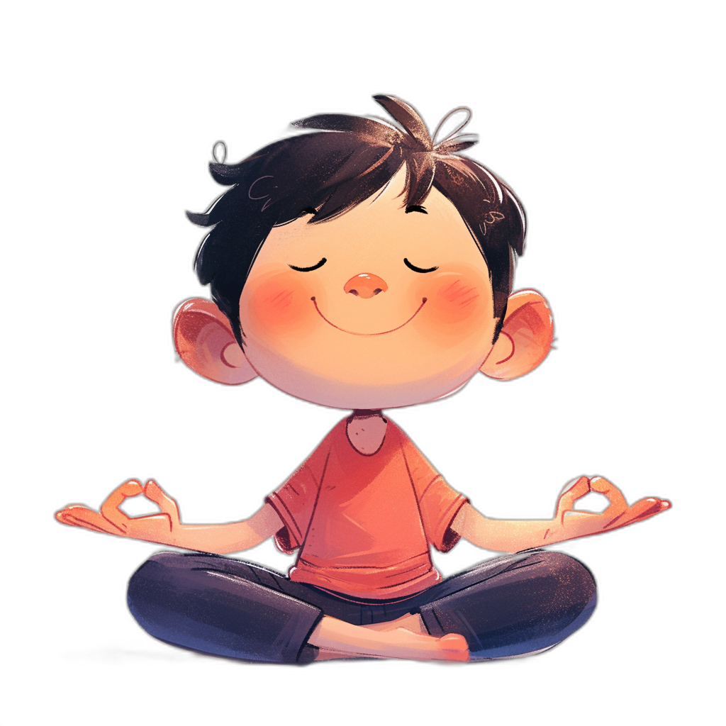 A cute little boy is sitting in the lotus position and smiling, with closed eyes. He has black hair and wears an orange shirt. The background of his illustration should be pure black. This character will appear on a website that sells teddy bears, so make sure it’s simple yet attractive. It must convey happiness through its posture and facial expression. The colors used for  and skin tones can reflect their natural appearance to enhance overall appeal. Isolated on a white background.