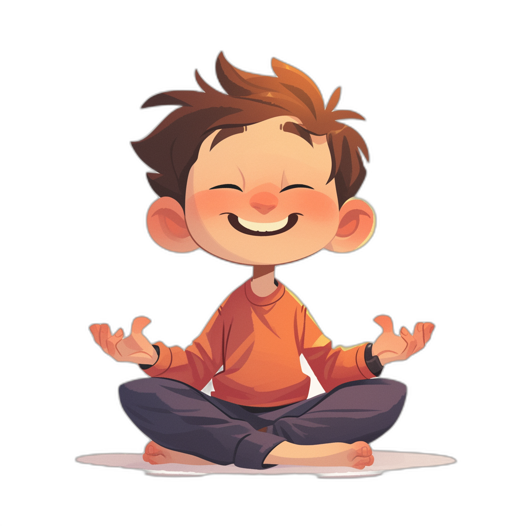 A cute cartoon boy meditating with a happy expression. The flat illustration style has a black background with white space around the character. He is in the center of an isolated composition. The boy has brown hair and is wearing orange . He is sitting crosslegged with his knees, smiling happily with his eyes closed. His hands form mudra poses with simple lines, bright colors, high saturation, and a strong sense of light and shadow. in the style of flat illustration.