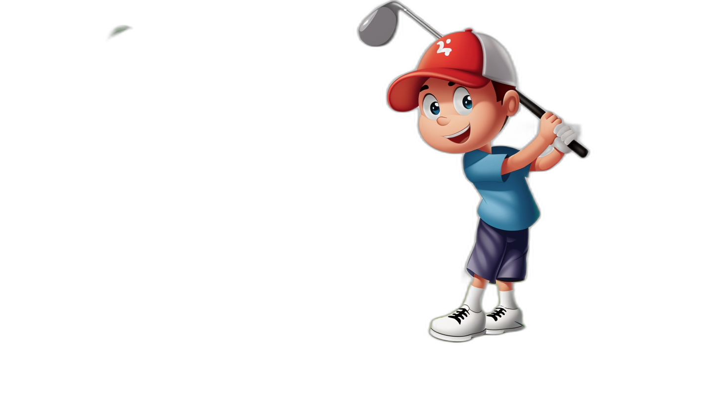 a young boy playing golf, wearing red cap and blue t shirt ,black background, cartoon style