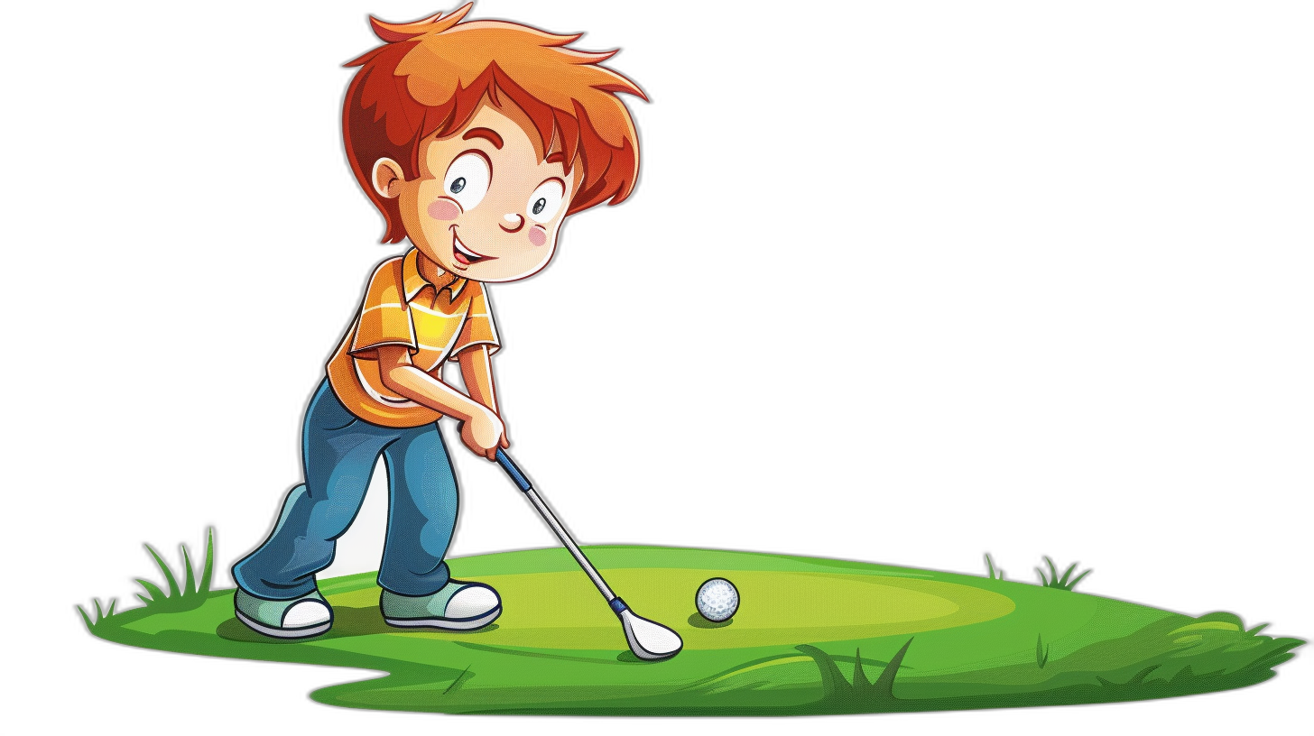 A cute cartoon of a young boy playing golf in the style of clip art on a black background.