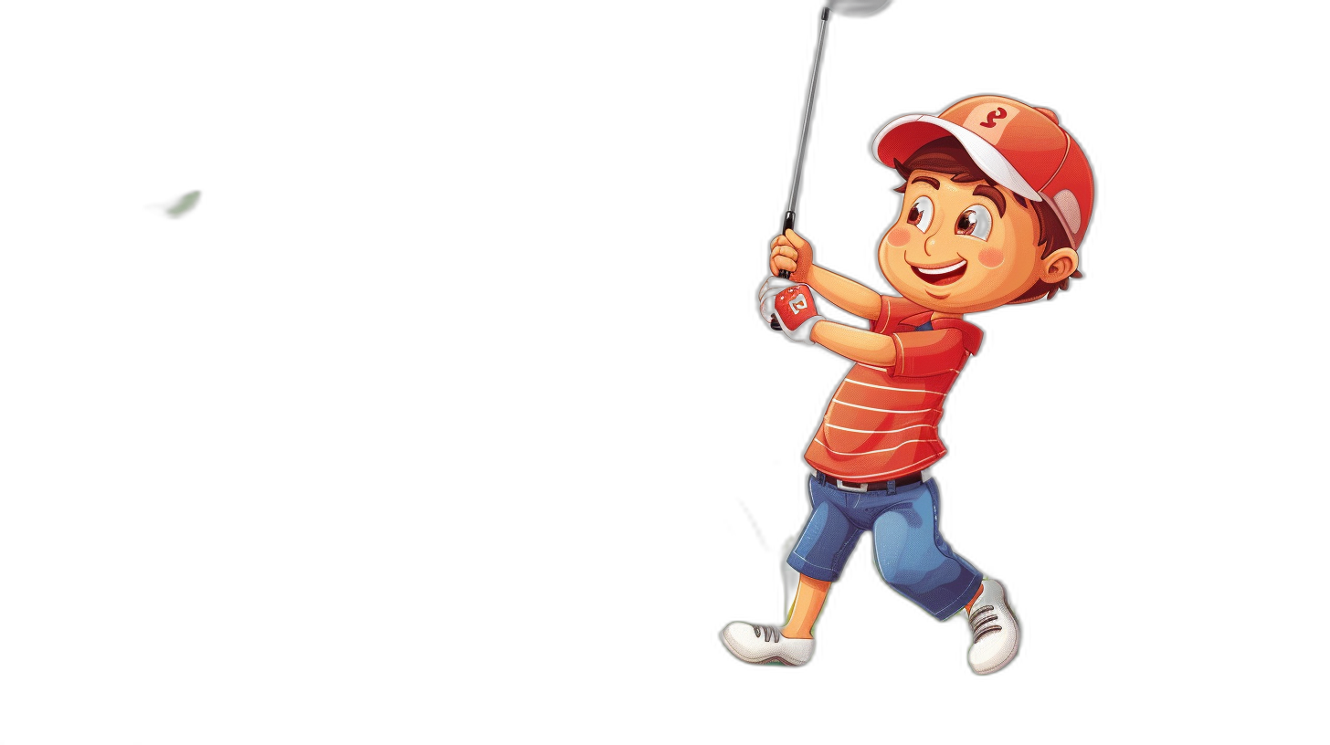 A cute cartoon boy playing golf in a full body shot against a black background with a red and white color scheme. He is wearing a cap and swinging a golf club to hit the ball in the style of Disney. The animation is in the style of Pixar with character design details, shown in high resolution with clear skin texture and colorful, bright . The boy has a happy expression.