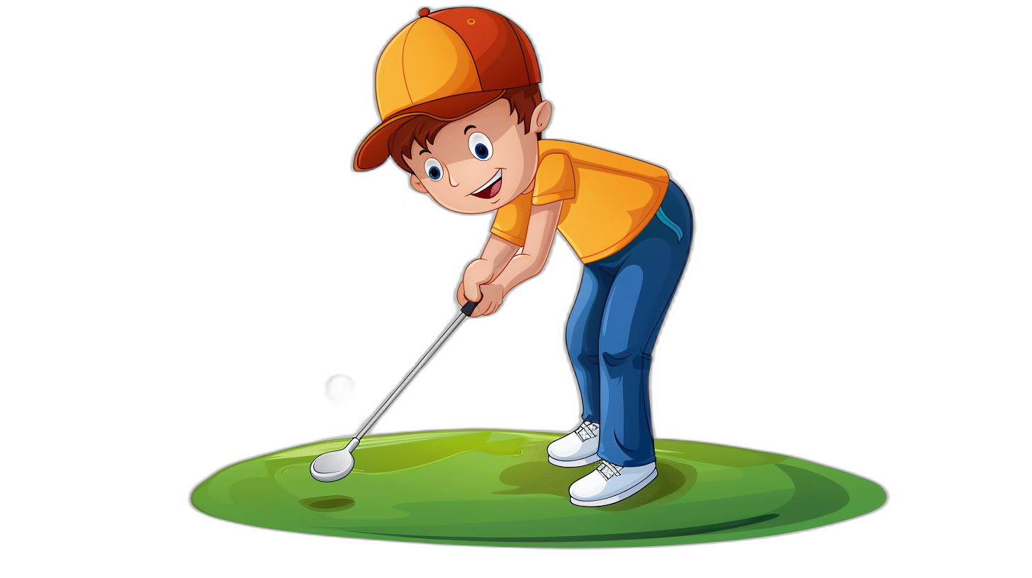 A cartoon boy playing golf, vector illustration, simple flat design with black background, cute and friendly, low detail, professional tshirt graphic for kids’ jeans brand. The young golfer is wearing blue pants, an orange shirt and cap. He has his head slightly tilted down as he prepares to take his shot. The shot of him putting on the green should be from behind or to one side so that some grass can be seen in front of it. Isolated on a white background, in the style of clip art.