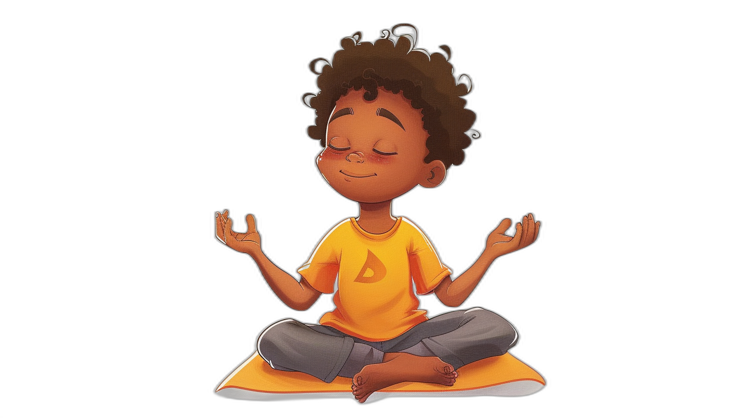 African American boy doing yoga in the style of a cartoon, sticker design on a black background, yellow tshirt and gray pants, eyes closed with hands in a lotus position pose sitting crosslegged floating above the ground. The little African american girl has short curly hair and is smiling softly while wearing comfortable  suitable for their age group. In her hand she holds an A symbol, adding to its playful character.