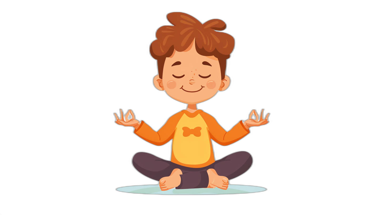 Cute cartoon boy doing a yoga pose in a flat vector illustration with a black background, simple design, vector style, simple colors, simple lines, no details, simple face features, full body, cute hands and feet, medium length hair, wearing an orange shirt, purple pants, yellow shoes, happy expression, smiling with eyes closed, sitting on the ground in a lotus position, looking at the camera in the style of a vector illustration.