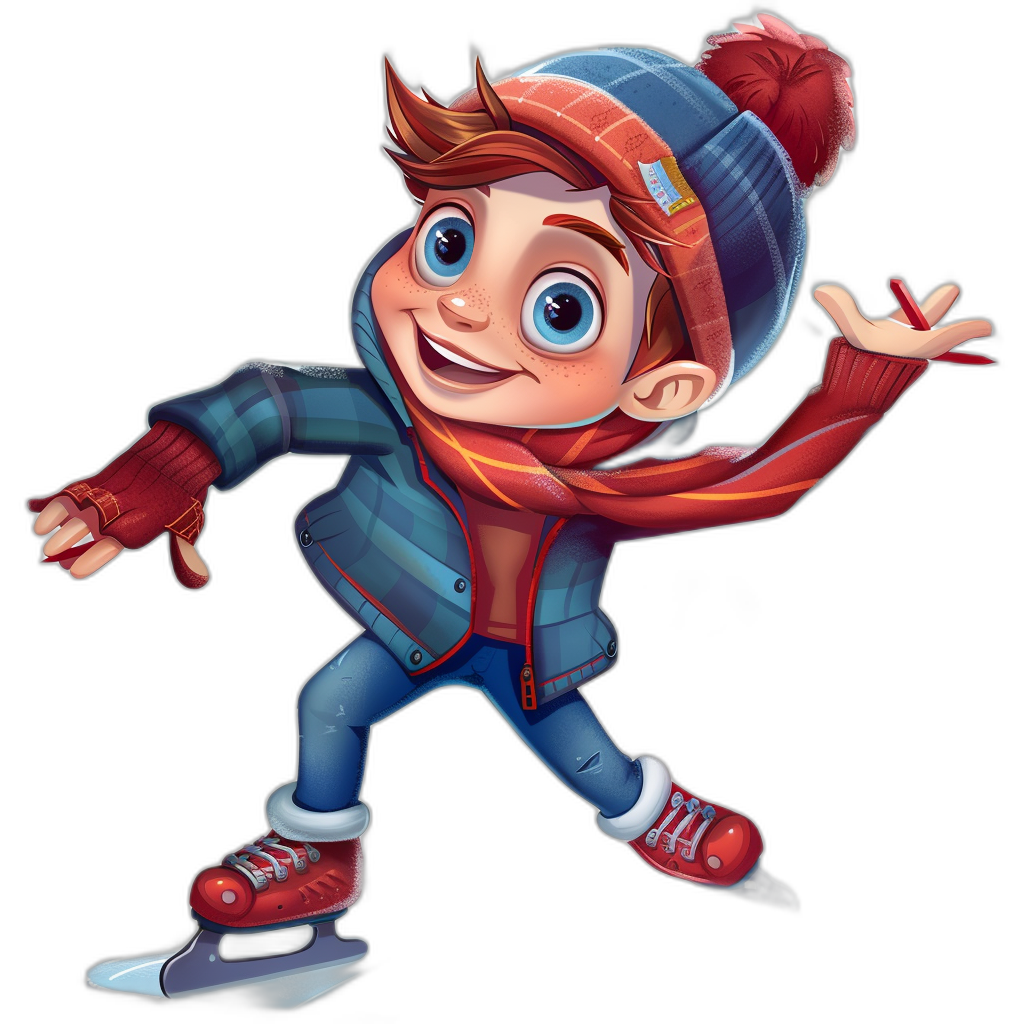 A cute cartoon boy ice skating, wearing red shoes and blue pants with a black background. He has short brown hair, big eyes, long eyelashes, and a smiling face. Wearing a dark plaid jacket and hat with a scarf around his neck. Red gloves in his hands. The illustration is created using digital art techniques, creating vibrant colors and high resolution images. This gives the artwork an enchanting atmosphere. It was drawn in the style of Disney Pixar animation studio.