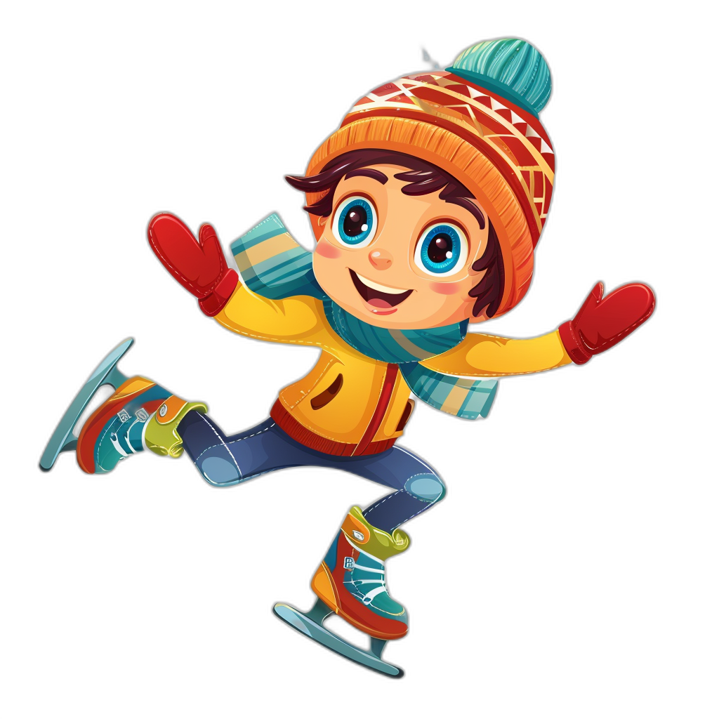 A cute cartoon of a boy ice skating in the clip art style with vibrant colors and a black background. The character is wearing winter attire including gloves, a hat and scarf. He has big blue eyes and smiles while his hair billows in the wind as he skates across an icy rink in the style of clip art.