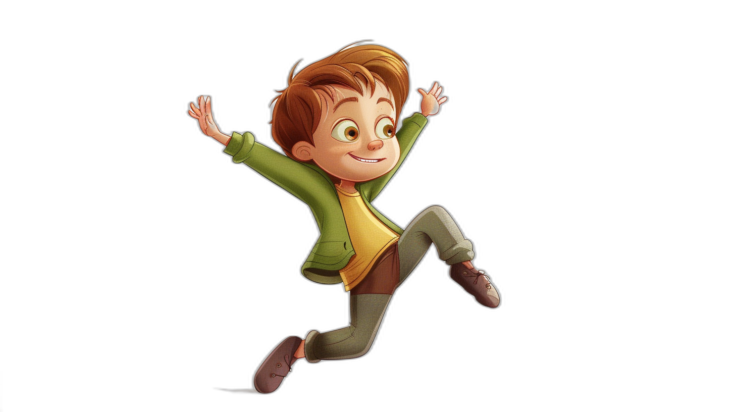 A cartoon character of a boy with brown hair and a green jacket jumping on a black background, in the style of Pixar, in the style of Disney, simple, cute, full body shot, high resolution, high detail, high quality, high definition.