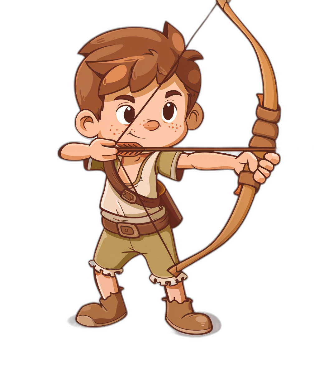 Cute cartoon vector style illustration of an archer boy with brown hair, holding bow and arrow ready to shoot, full body shot, black background, tshirt design