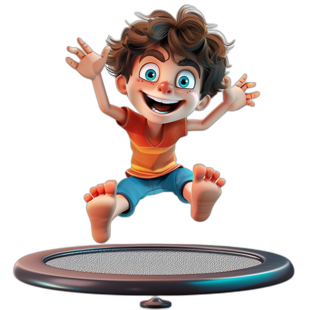 A boy jumping on a trampoline in the style of a cartoon, with a black background, in a cartoon character design with bright colors and clear details, in the style of Disney Pixar animation, as a full body portrait, with bright eyes, a cute expression, as a 3D rendering done in blender, at a high resolution. The front view of his face is facing forward, with a hyperrealistic skin texture, detailed facial features, and detailed hair.