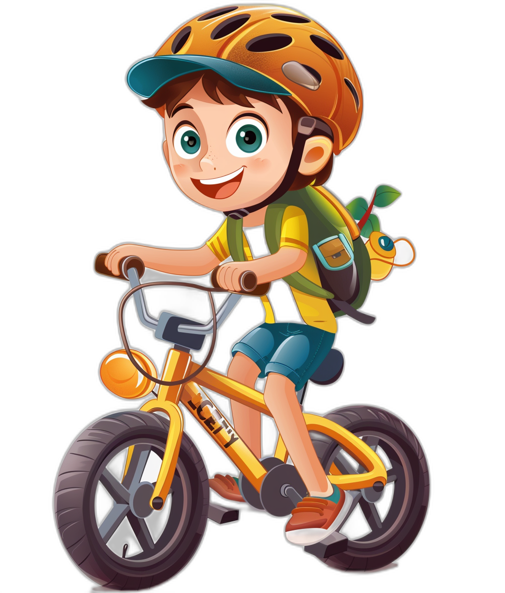 A cute cartoon boy is riding his bike on a black background. He is wearing an orange helmet and a green backpack. He has big eyes with bright white color and long eyelashes. The character’s body shape should be rounder and more exaggerated, creating a lively effect. The front of the yellow bicycle will have red wheels. He includes blue shorts and a brown colored t-shirt. Flat design vector illustration with simple shapes and lines. In the style of a cartoon.