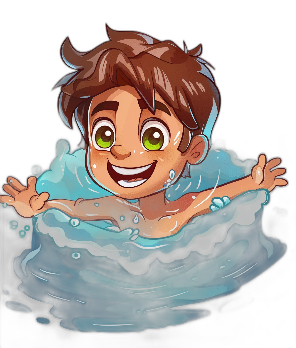 A cute cartoon of a happy boy with brown hair and green eyes swimming in the water, in the clip art style, on a black background, in the watercolor style, in the style of Pixar, in the style of Disney.