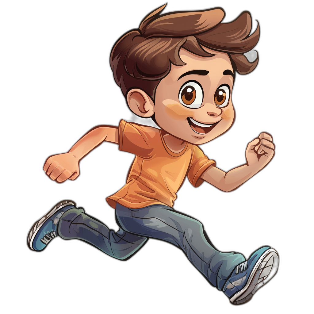 A cartoon boy is running with a happy expression in a full body portrait against a solid black background in the simple style. The little man has brown hair and is wearing an orange T-shirt with blue jeans on his feet, he wears white sneakers and has a smiling face. It is a cartoon cute young character design in the high resolution, high quality 2D game art style.