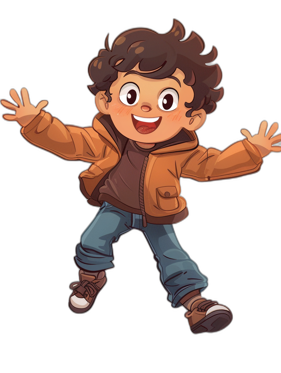 A cute cartoon of an excited young boy wearing jeans and a brown jacket against a black background in a full-body depiction.