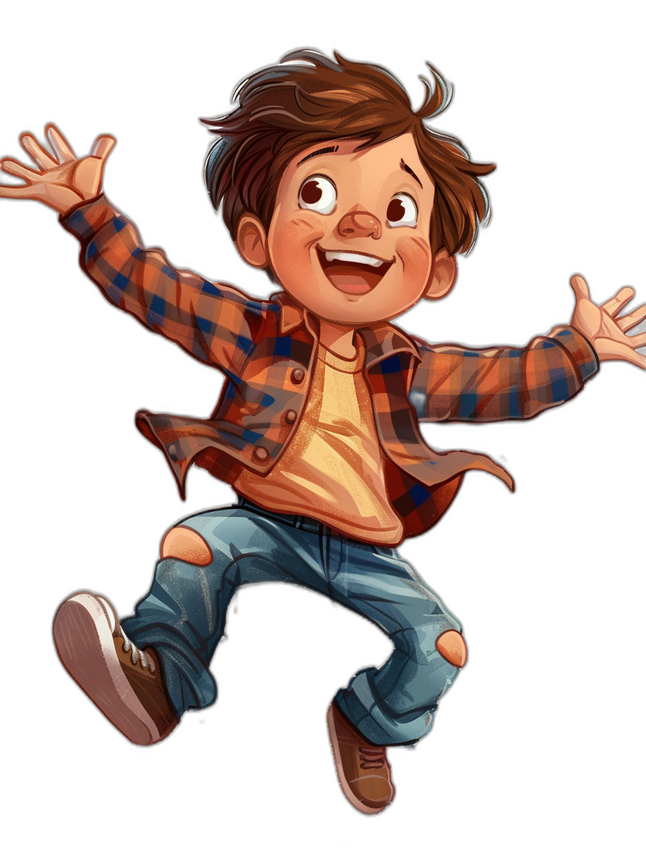 A cute cartoon of an excited boy, wearing jeans and a flannel shirt with brown hair jumping in the air on a black background, in the style of Pixar.