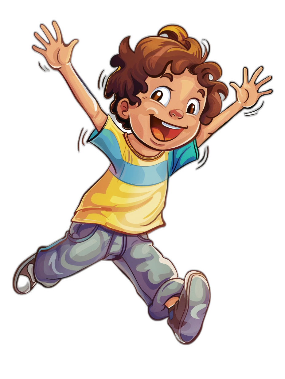 A cartoon-style boy jumping for joy, his hair styled in an updo with bangs and brown curls, wearing blue jeans and a yellow t-shirt isolated on a black background.