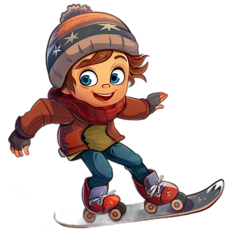 A cartoon boy riding on a snowboard, wearing winter  and a hat with big eyes, against an isolated black background, in the style of Pixar.