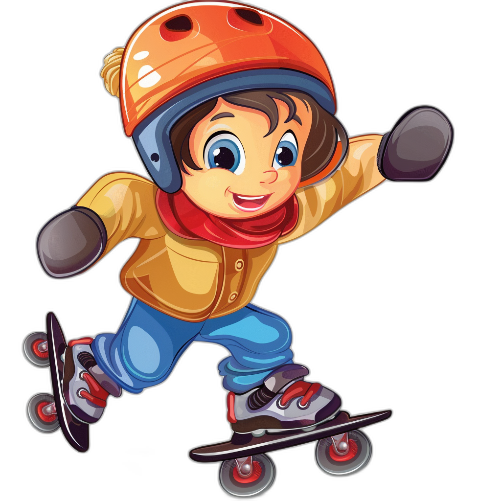 A cute boy with a helmet and scarf is roller skating in the style of clip art for kids against a black background in a cartoon style.