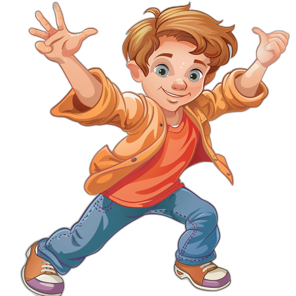 A young boy character with a happy face, brown hair and blue eyes is depicted. He is wearing an orange jacket, red shirt, jeans and purple shoes. The boy is dancing with his hands up in the air in the style of a cartoon on a black background.