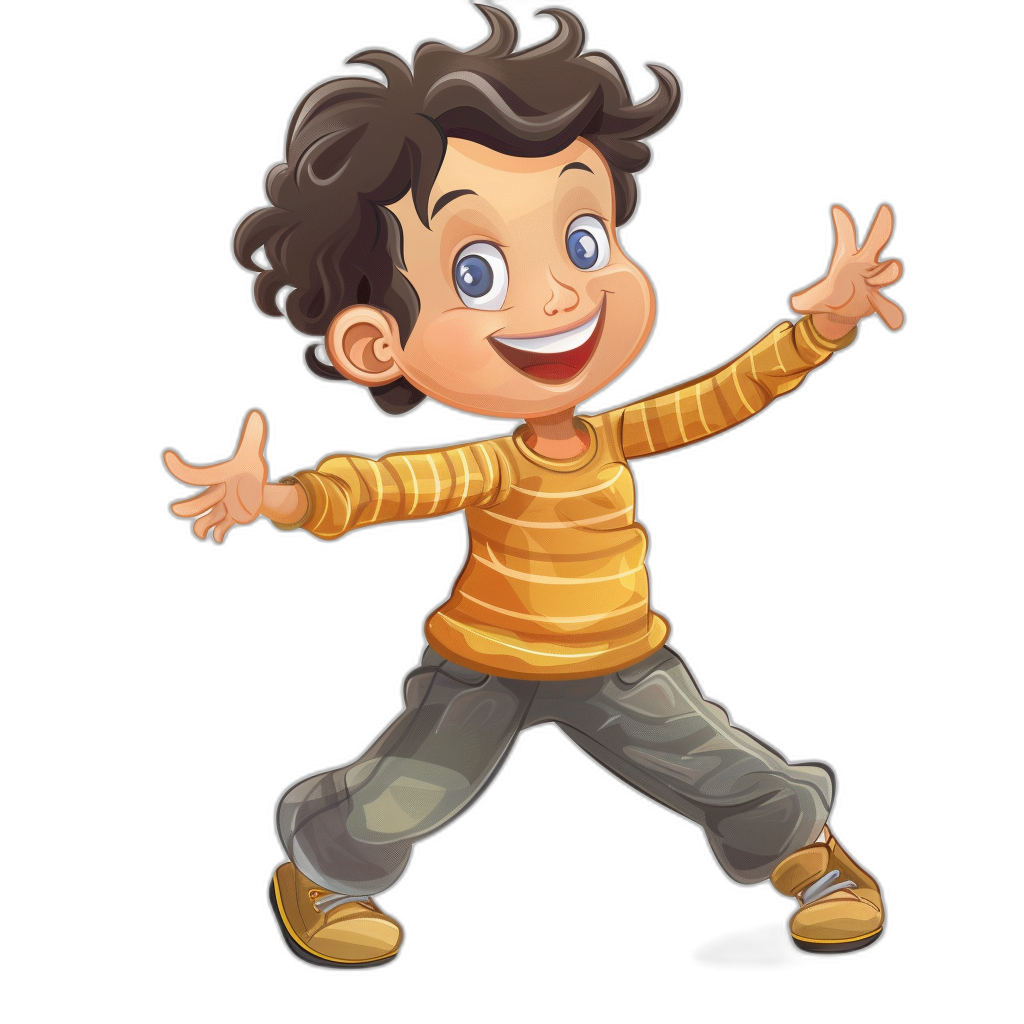 a cute cartoon boy with short curly hair, smiling and waving while dancing on black background, wearing yellow striped shirt, grey pants and brown shoes, 2d game art style, caricaturelike illustrations, dark amber and gray, high resolution