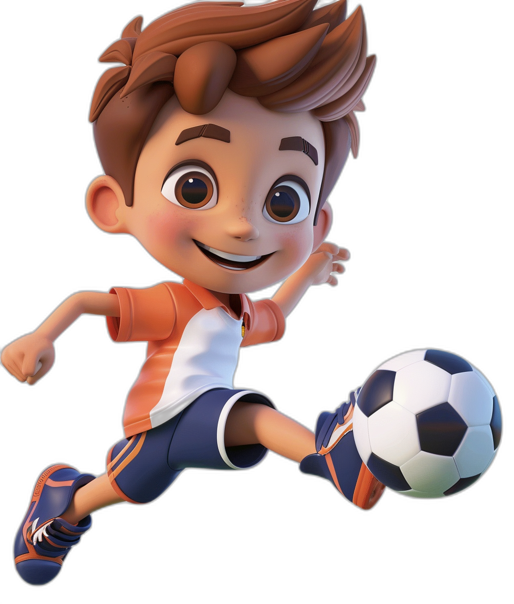 A boy in an orange and white shirt, blue shorts with stripes on the side of his knee, brown hair, big eyes, smiling face, playing soccer in the style of Disney Pixar, cartoon character, 3d render, black background, flying ball.