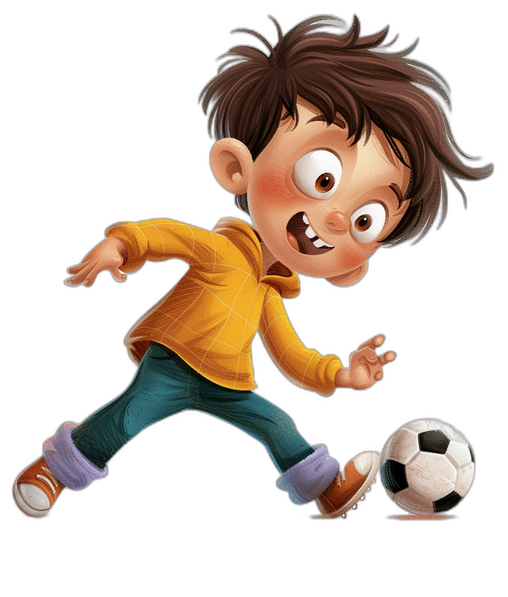 cartoon style, little boy playing soccer with a ball on a black background, brown hair and a yellow shirt, green pants, brown shoes, white teeth, a happy facial expression, in the style of Pixar character design, high resolution, colorful, detailed