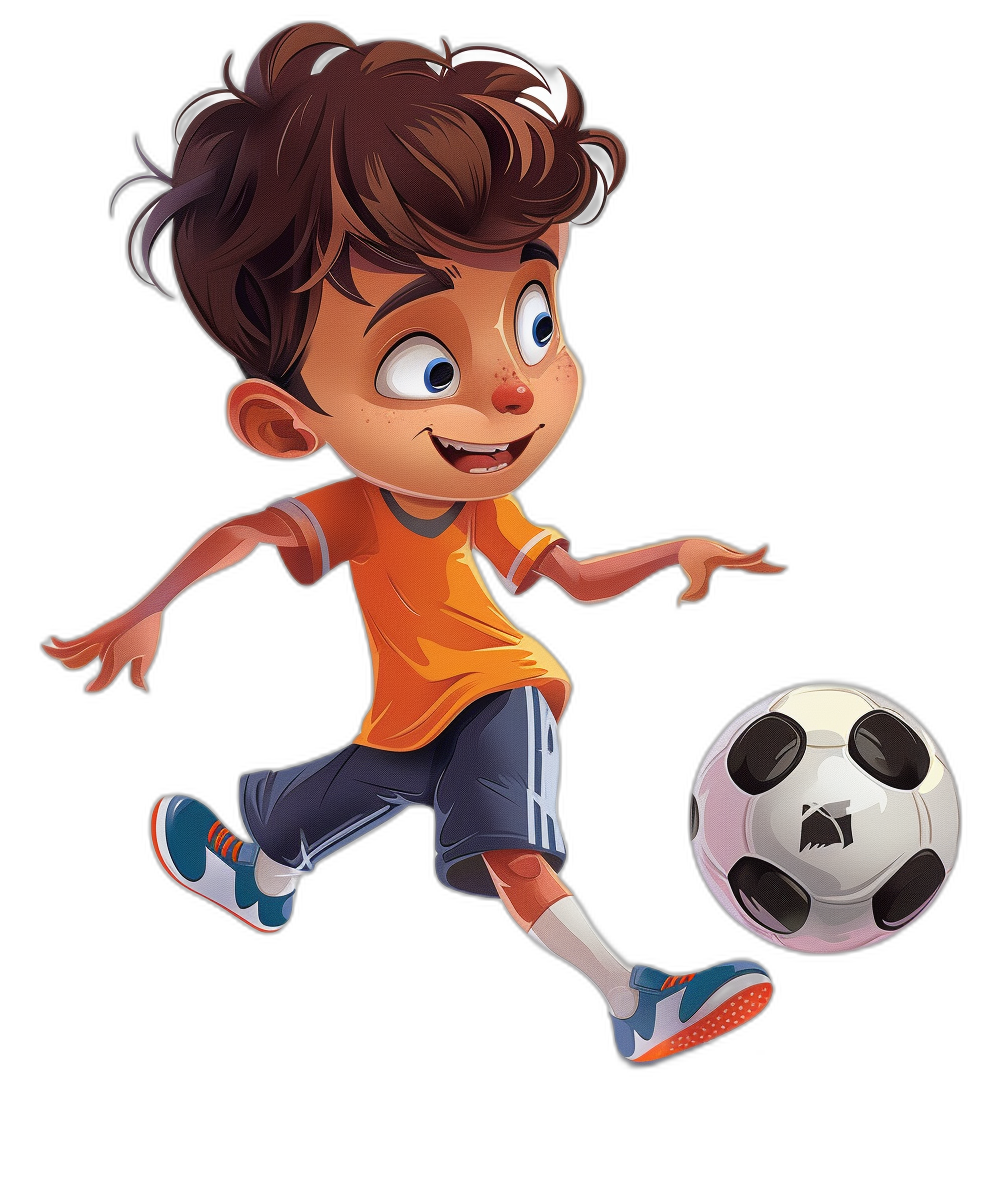 Cartoon style boy playing soccer, black background, 2d game art, cute cartoonish designs, cartoon realism, cartoon illustration, vector graphics, flat design, bright colors, high resolution, high detail, high quality, high definition, high sharpness, high contrast, high dynamic range, high luminosity, dark brown hair and blue eyes, white shoes, orange tshirt with navy shorts, yellow gloves on his hands, kicking the ball in an action pose in the style of, dribbling the ball with one foot forward