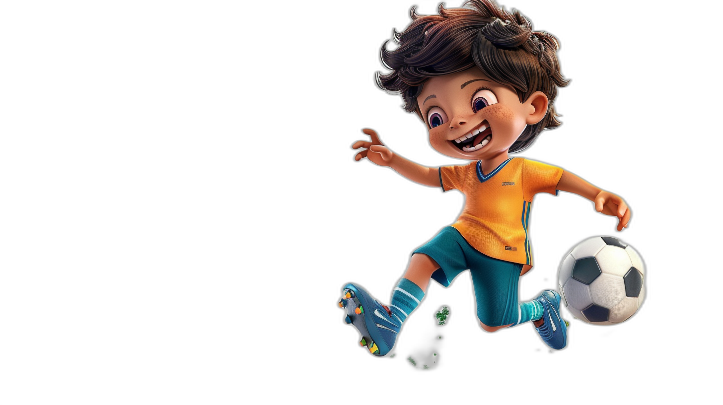 3D cartoon, happy boy playing soccer, in the style of Pixar, adorable eyes, lovely, matte finishing, warm colors of the game, black background, wide shot camera