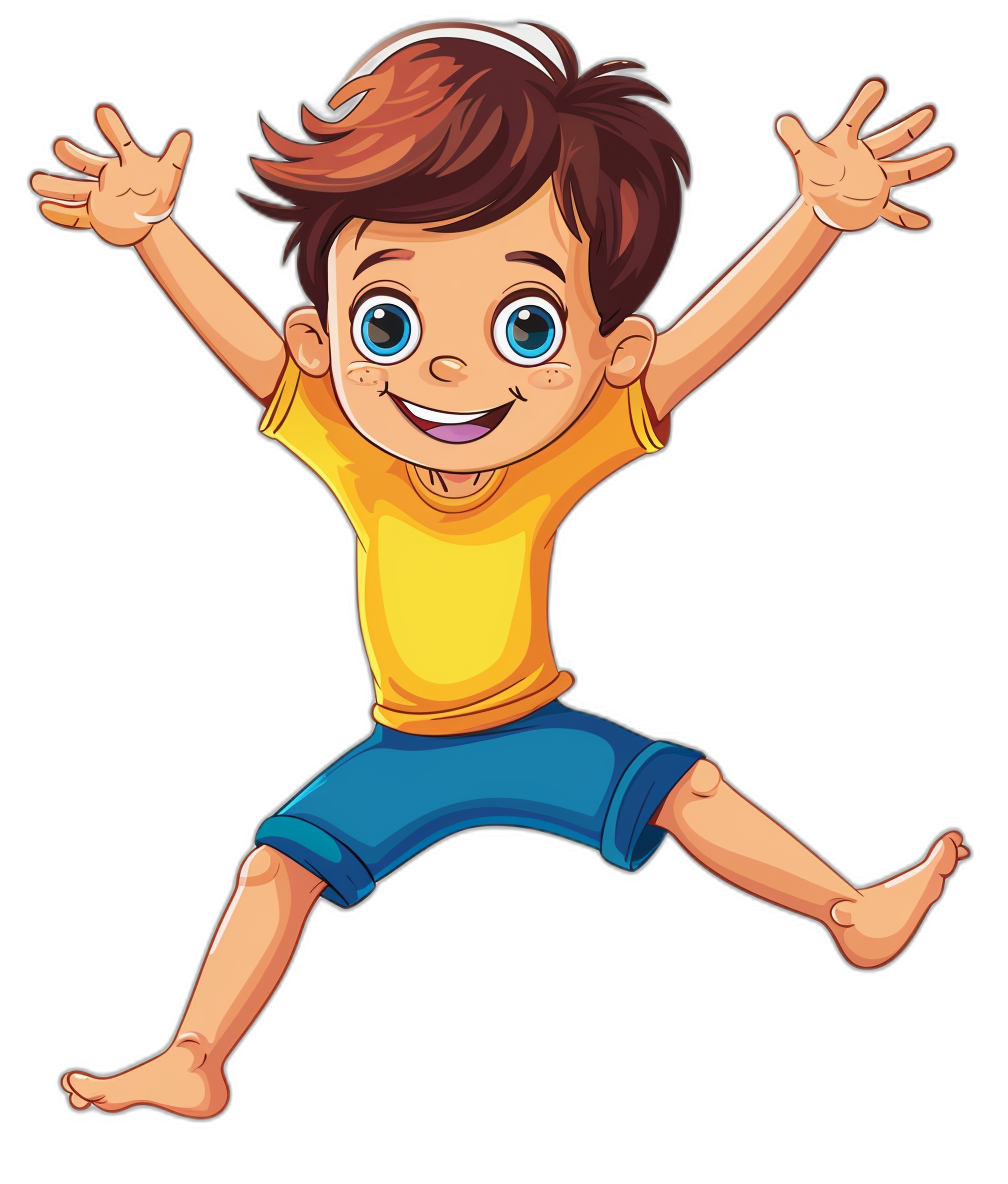 A cartoon illustration of a happy boy jumping in the style of clip art on a black background.